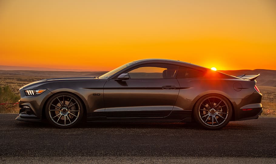 black coupe, mode of transportation, motor vehicle, car, sunset HD wallpaper