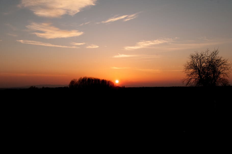sunset, twilight, evening, lights, nature, landscape, sky, silhouette HD wallpaper