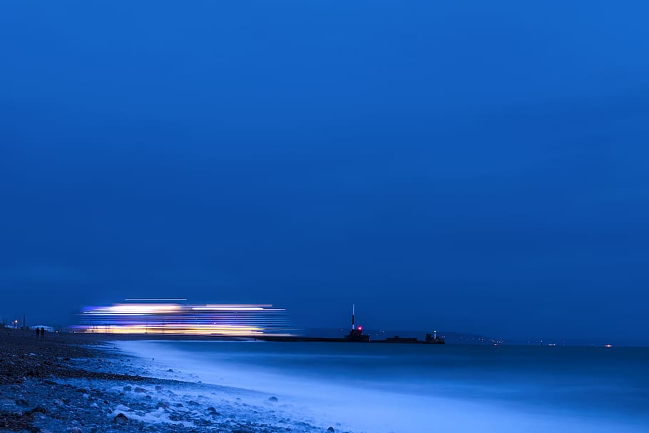 calm sea under blue sky, ocean, landscape, ship, sunset, ferry HD wallpaper