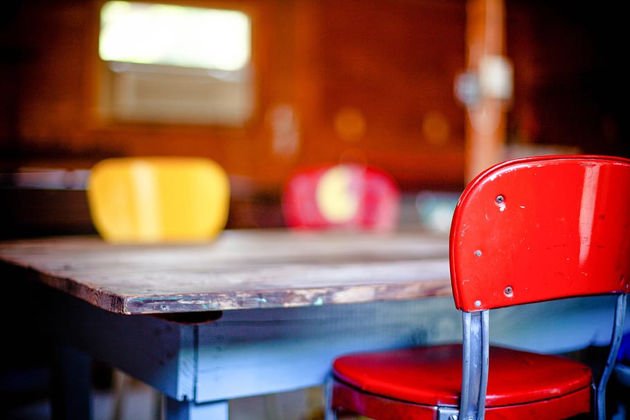 kitchen table, chairs, colorful, room, furniture, red, indoors