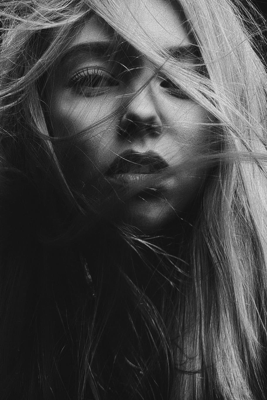 grayscale photography of woman's face, long hair, portrait, one person HD wallpaper
