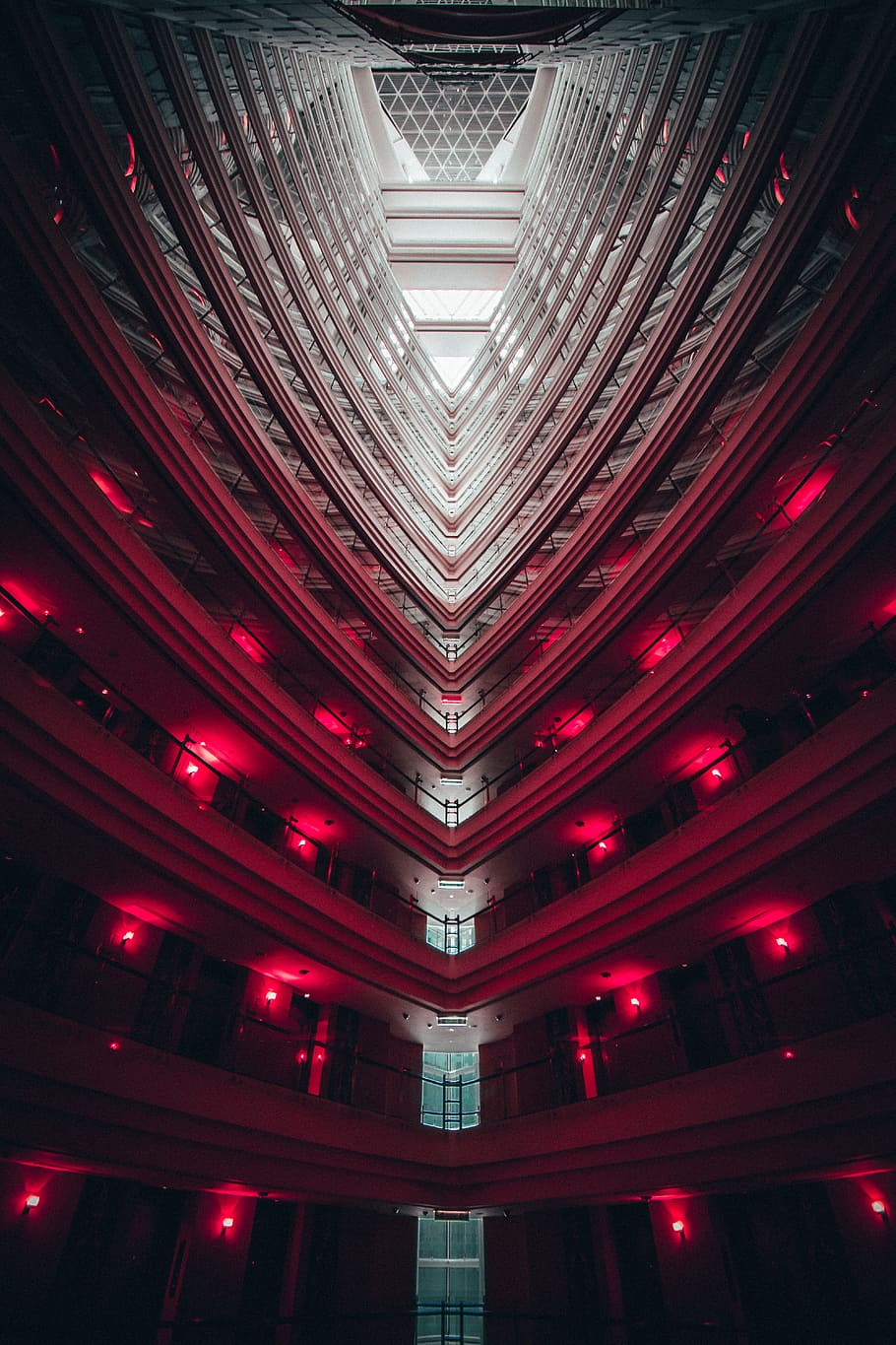low-angled photography of building interior with red lights, bangkok