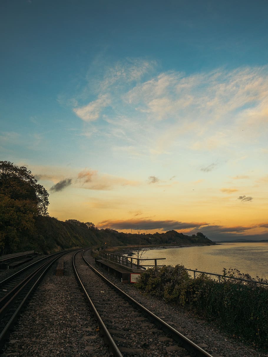 rail, nature, cloud, sky, sea, england, autumn, sunset, luca dugaro HD wallpaper