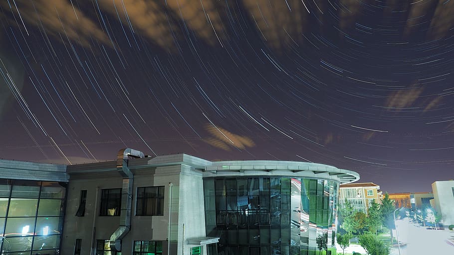 stars, night, star trail, star - space, building exterior, architecture HD wallpaper
