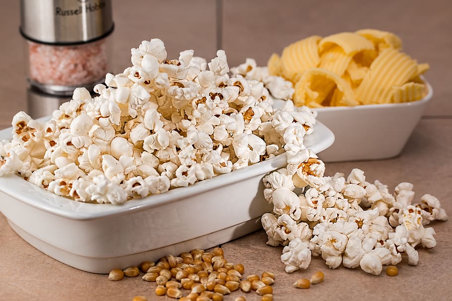 Puff Corn on Gray Ceramic Bowl, food, popcorn, snack, food and drink