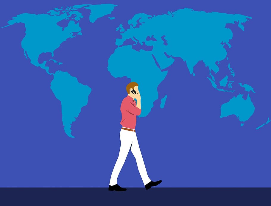 Illustration of man on cell phone, roaming to various networks as he travels around the world., HD wallpaper