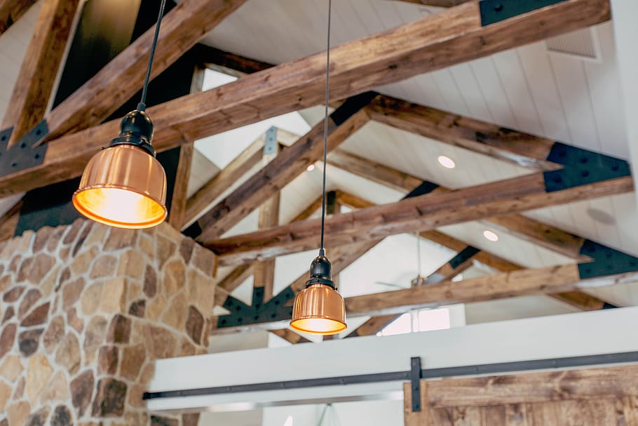 interior, design, lamps, lights, stone, walls, wood, cabin HD wallpaper