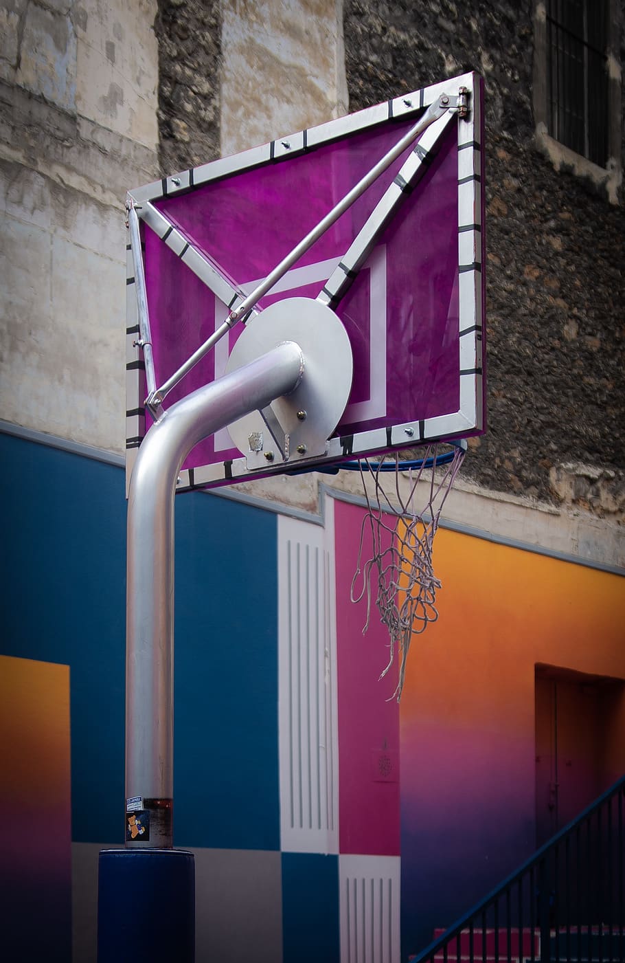 purple basketball hoop, interior design, indoors, advertisement