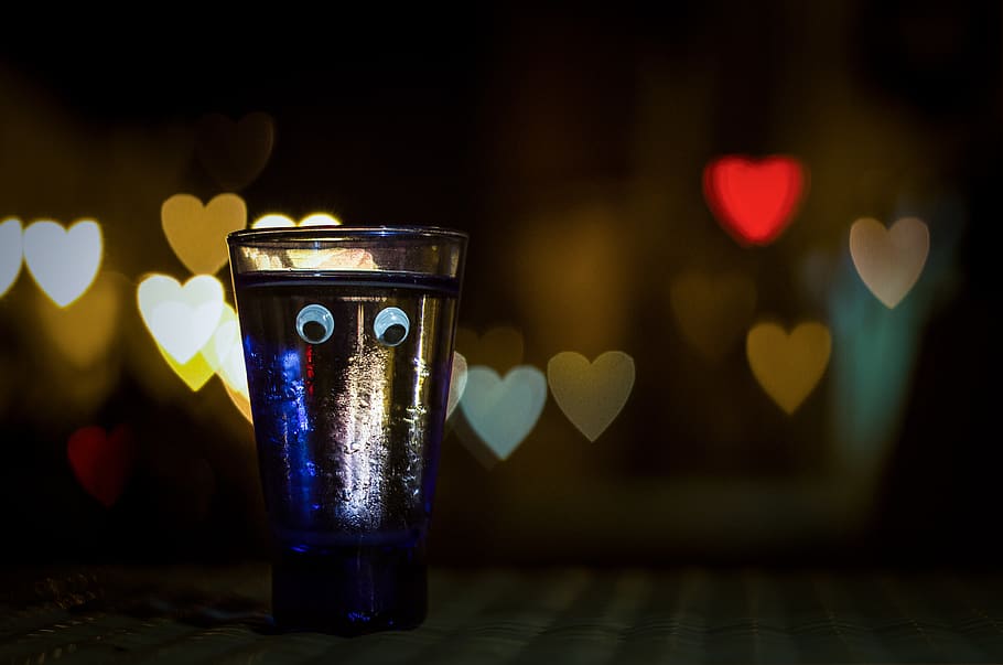 night, background, dark, nice, bokeh, water, glass, heart, hearts HD wallpaper