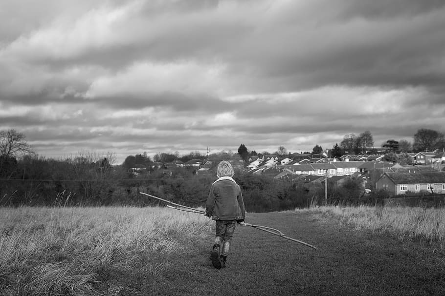 boy, walking, hike, tired, child, people, black and white, clouds HD wallpaper