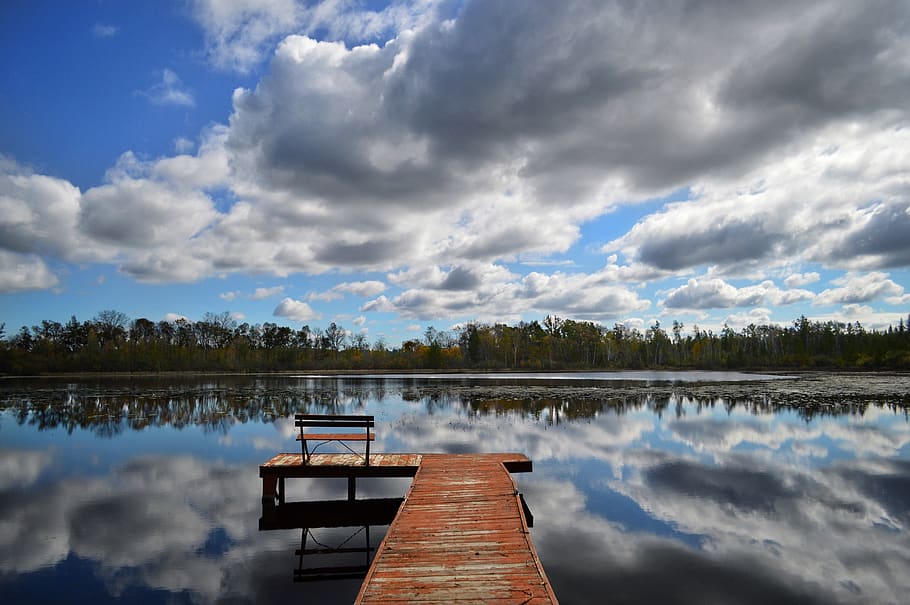 wisconsin, clouds, sky, trees, lake, pond, dock, peaceful, tranquil HD wallpaper