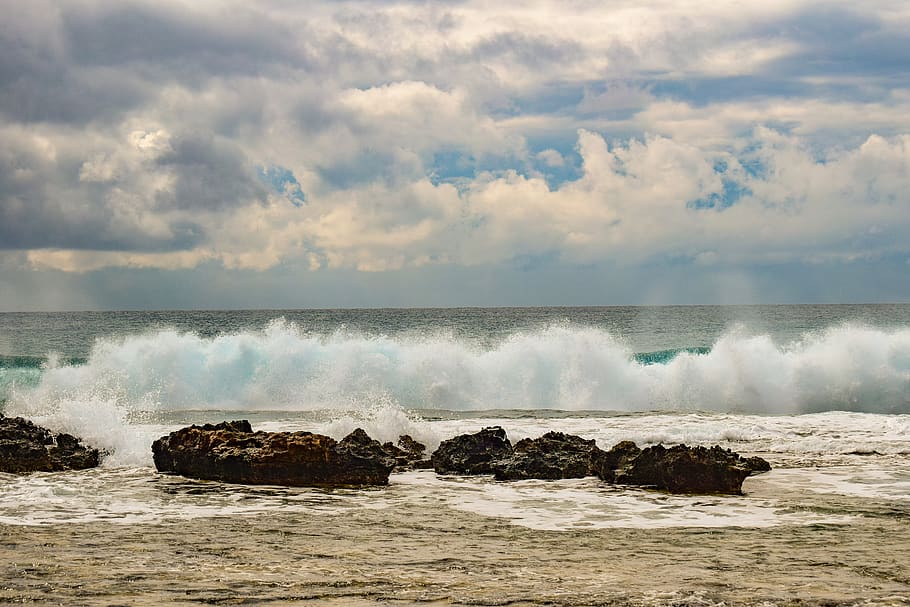beach, sea, wave, splash, nature, landscape, sky, clouds, horizon HD wallpaper