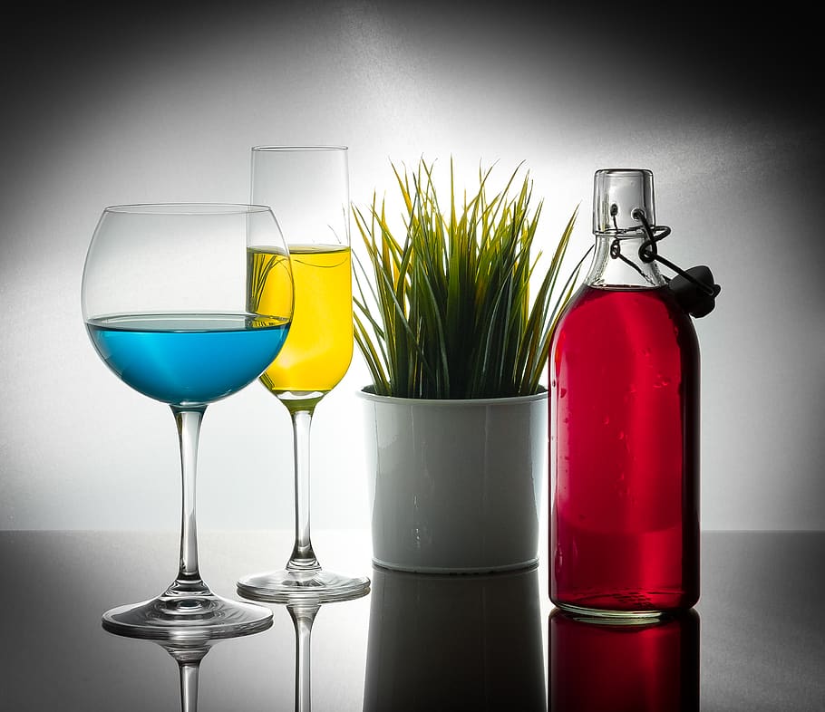 germany, moers, fluid, fluids, blue, bottle, red, plant, reflection HD wallpaper