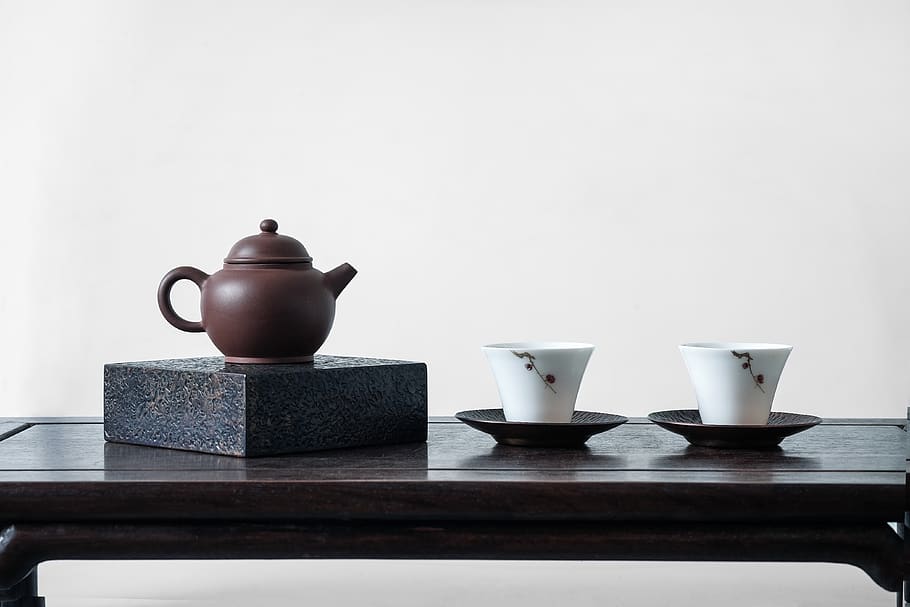 brown teapot on black surface, still life, table, cup, indoors HD wallpaper