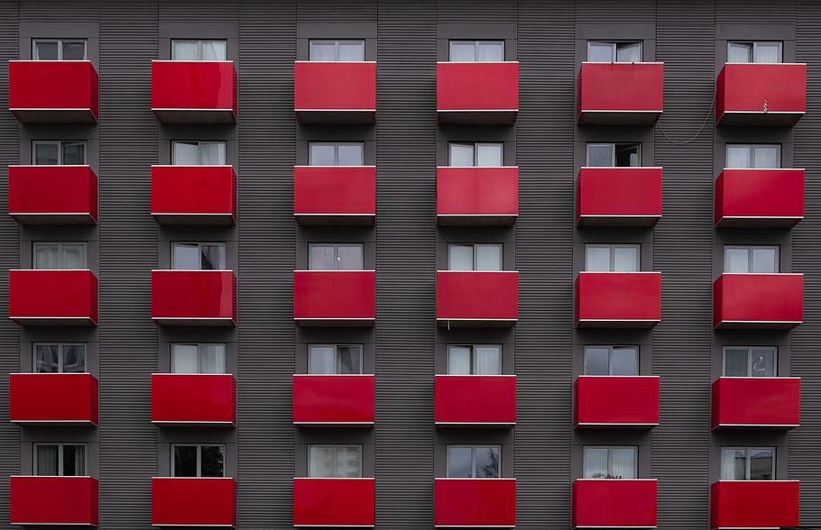 red and gray concrete building, home decor, housing, condo, urban, HD wallpaper