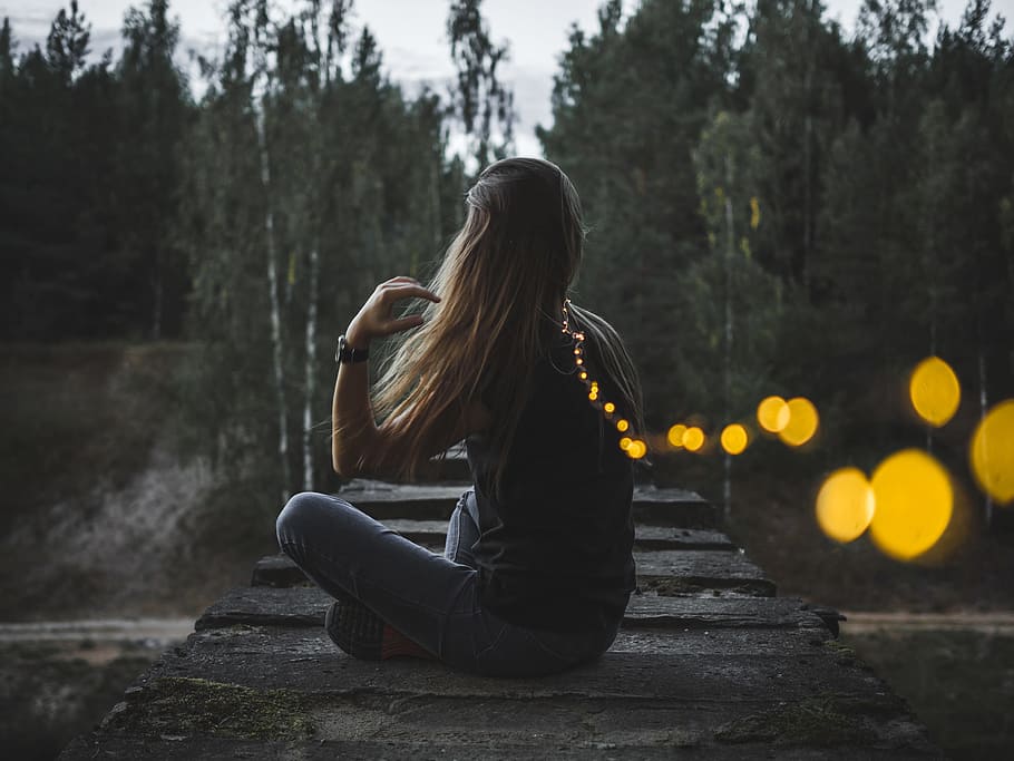 woman sitting on concrete edge, bridge, forest, tree, person HD wallpaper