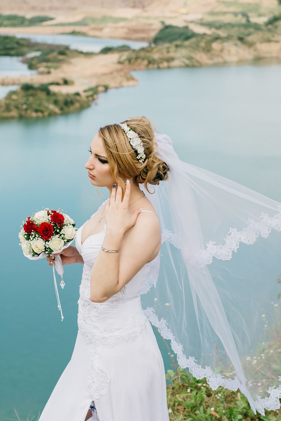 Bride Standing Near Body of Water, beautiful, blond hair, blossom