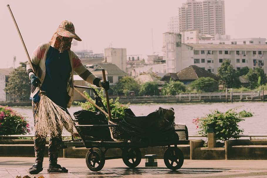 Person Holding Broom And Cart, Bangkok, cleaner, cleaning, girl