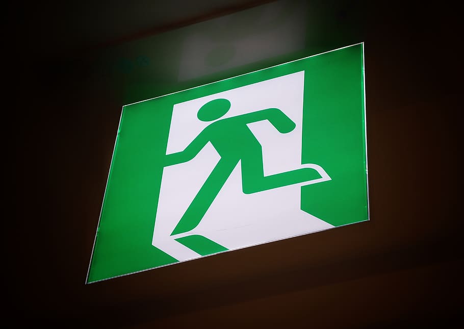fire exit lighted signage, green, out, dark, direction, signifier HD wallpaper