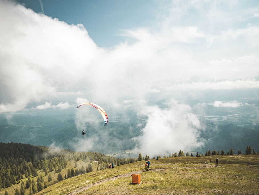 Person Riding on Parachute, air, austria, blue sky, clouds, cloudy HD wallpaper