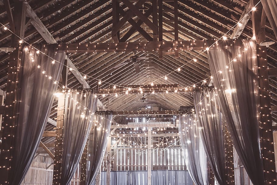 string lights in gazebo, wedding, united states, amana, barn