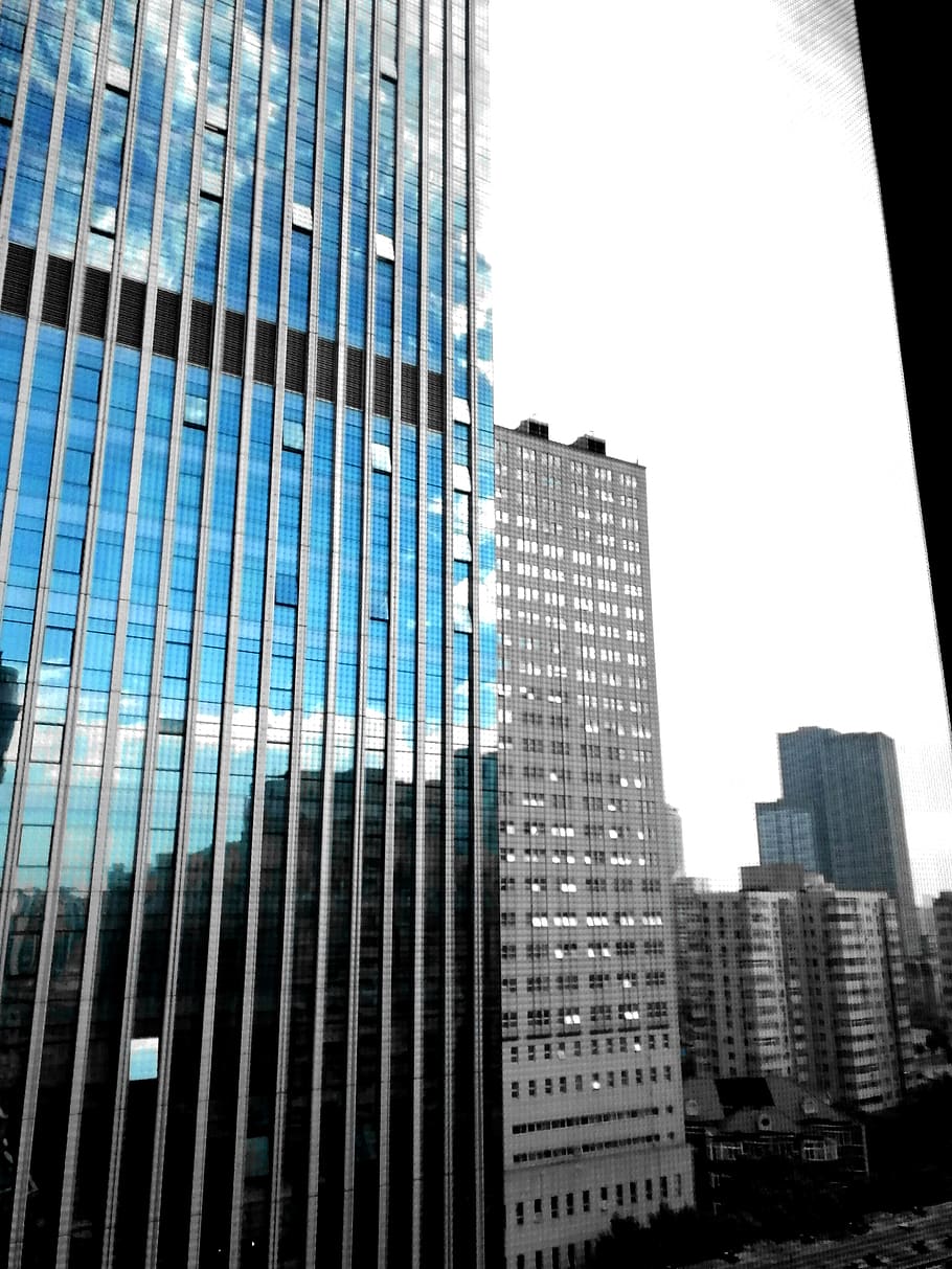 sky, clouds, blue, bulidings, windows, wondow, black, building exterior HD wallpaper