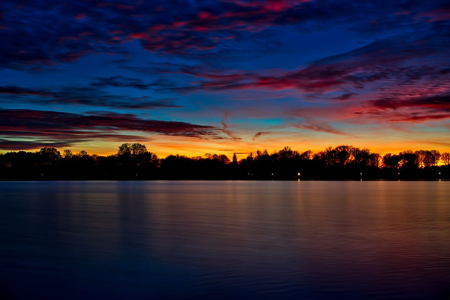 lake, sky, mood, sundown, water, tranquil, calm, evening, dawn HD wallpaper