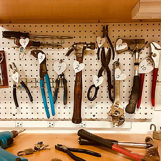 Handheld Tools Hang on Workbench, axe, close-up, drill, hammer HD wallpaper
