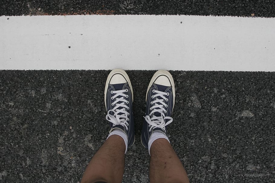 Top View Photo Of Shoes, asphalt, footwear, line, mockup, road, HD wallpaper