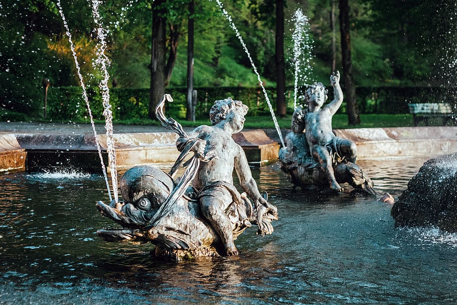 germany, munich, eisbach, fountain, figures, sculpture, fish HD wallpaper