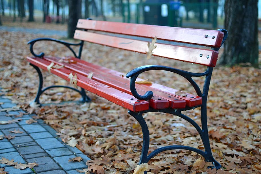 still, items, things, outdoor, bench, brick, road, path, leaves HD wallpaper