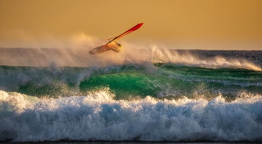 Person Ridding Wind Boat Above Ocean Wave, action, activity, beach HD wallpaper