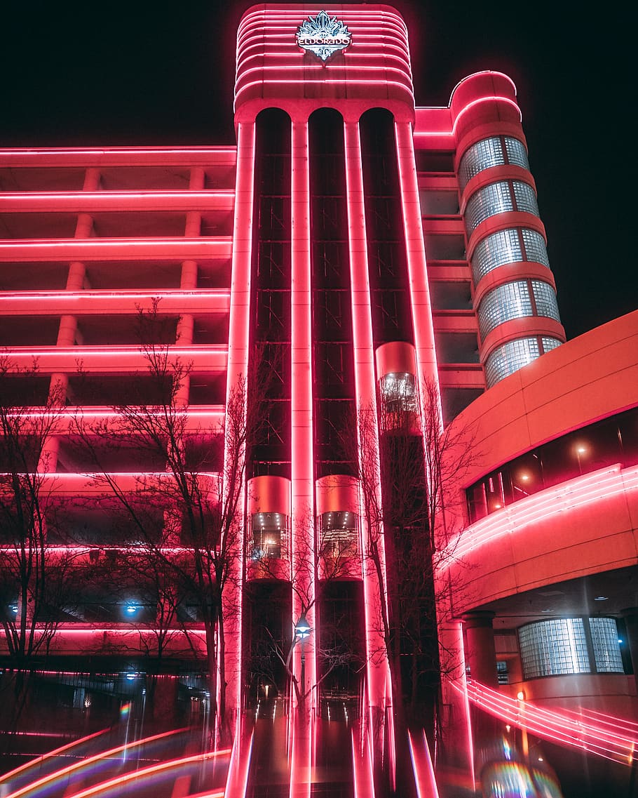 lighted red building, office building, urban, town, city, architecture HD wallpaper