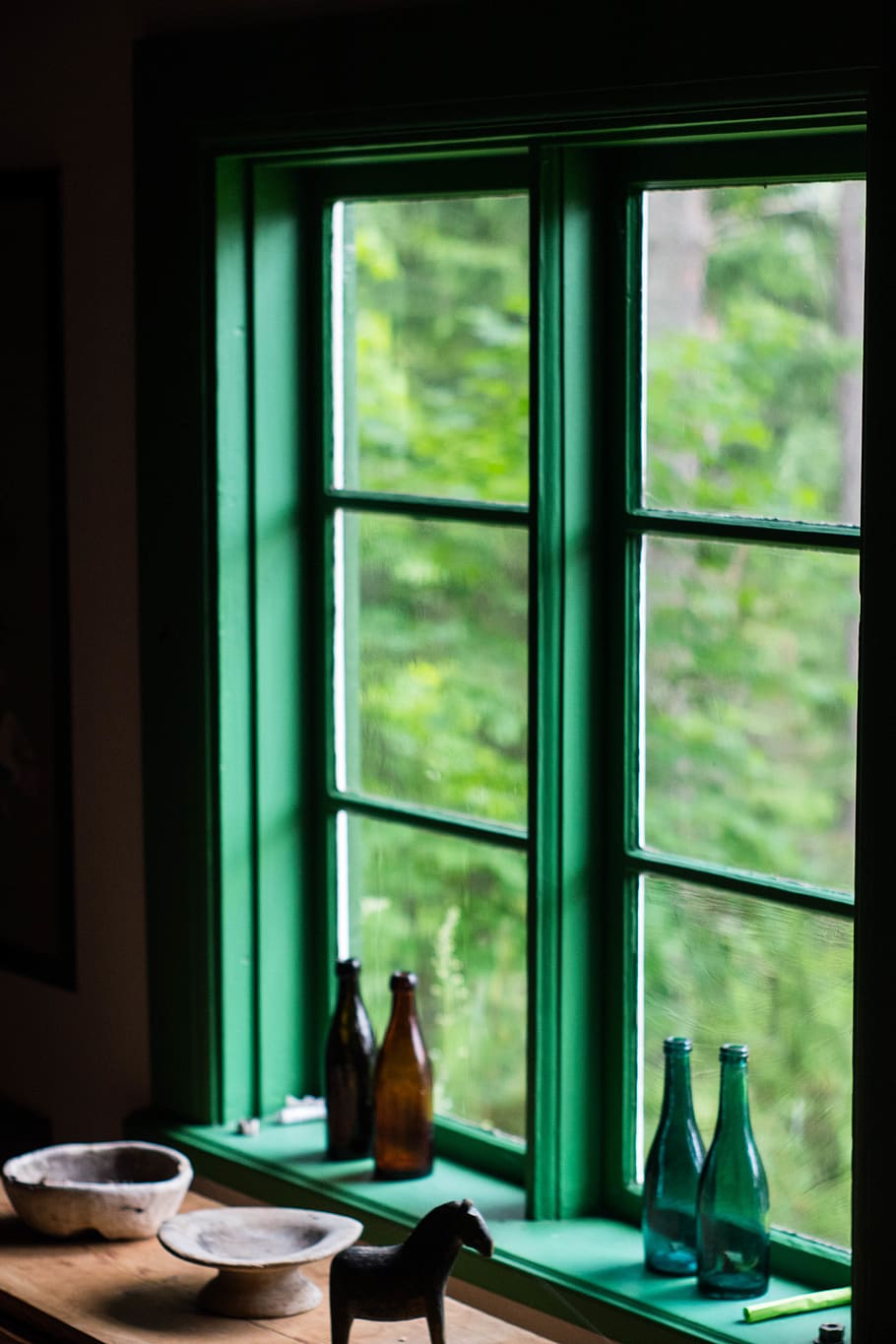 sweden, borlänge, window, light, green, chalet, table, indoors HD wallpaper