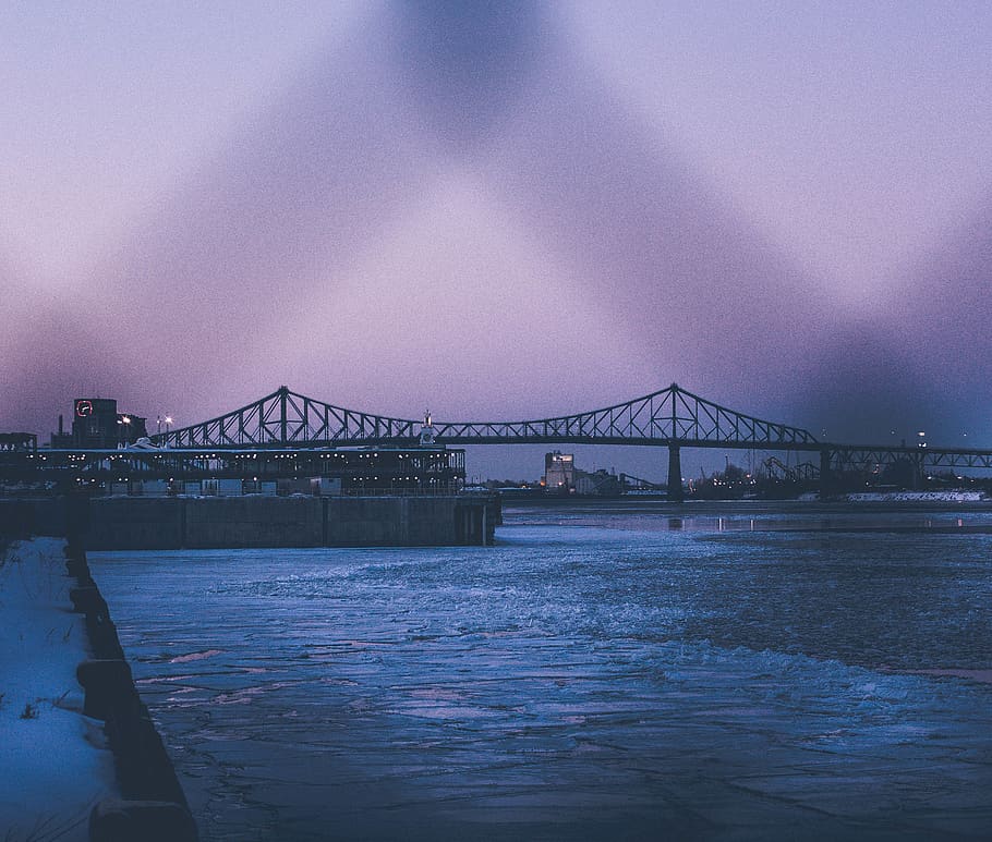 montreal, canada, river, ice, bridge, golden hour, golden light HD wallpaper