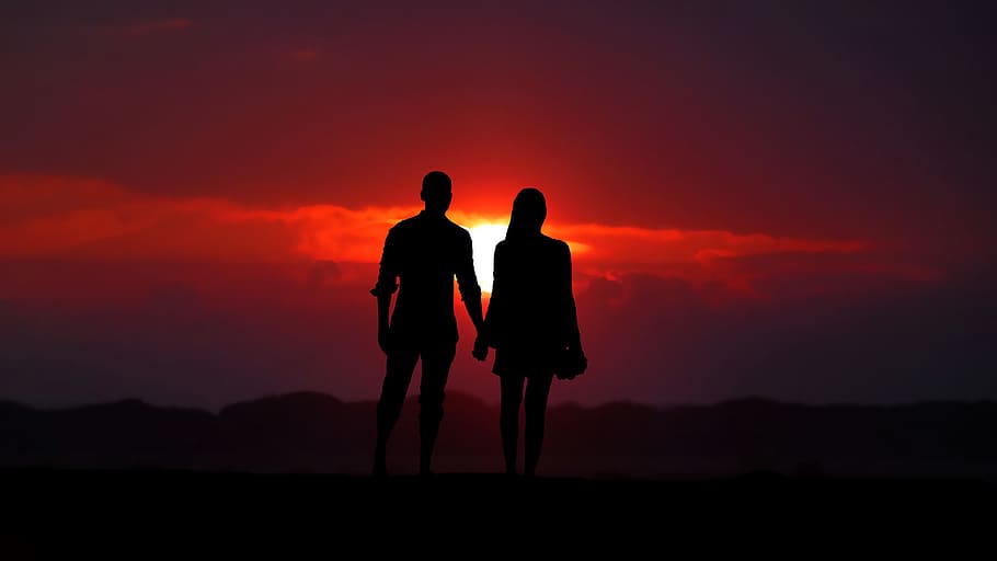 sunset, couple, love, romance, people, human, woman, romantic, HD wallpaper