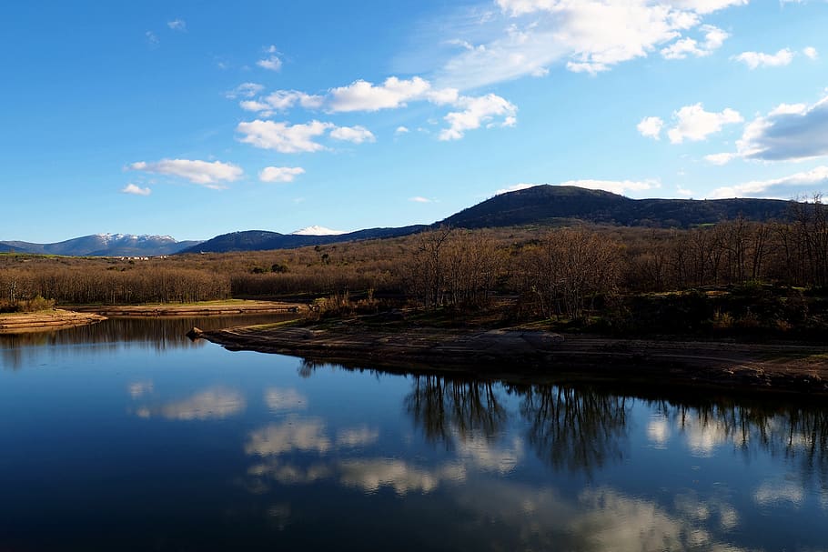 lake, reflection, landscape, clouds, sky, blue, nature, segovia HD wallpaper