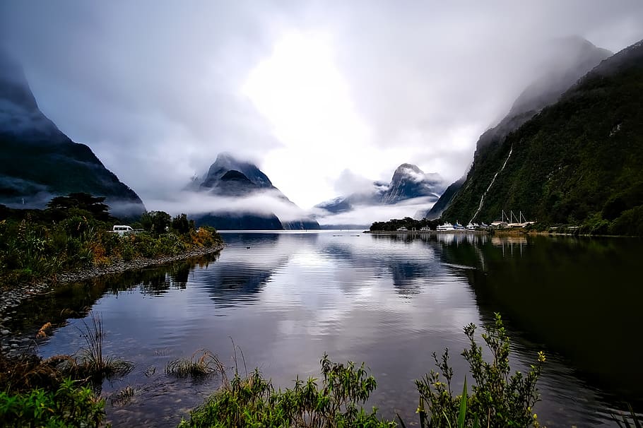 Body of Water Surrounded by Mountains, fog, landscape, mist, scenic HD wallpaper