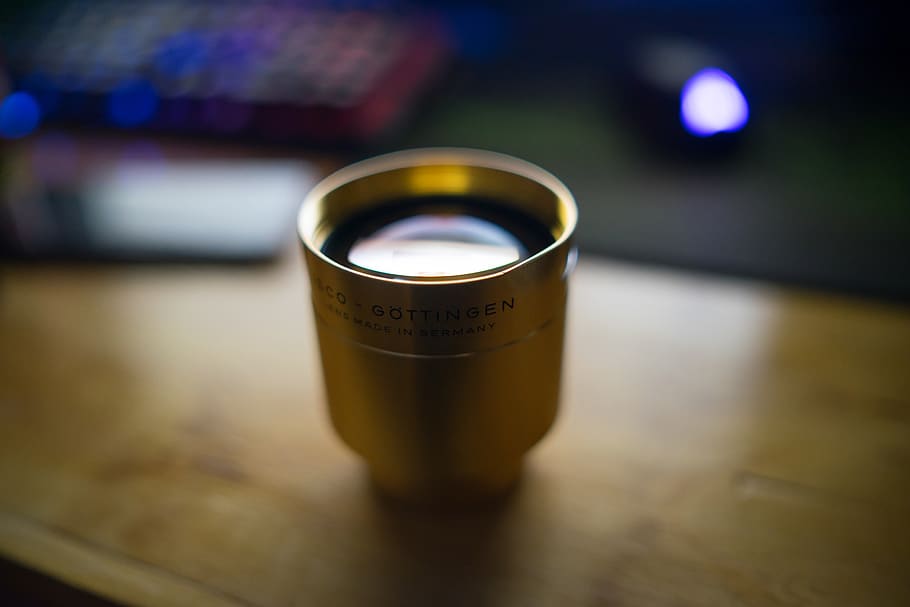 gold lens on brown surface, coffee cup, drink, latte, beverage HD wallpaper