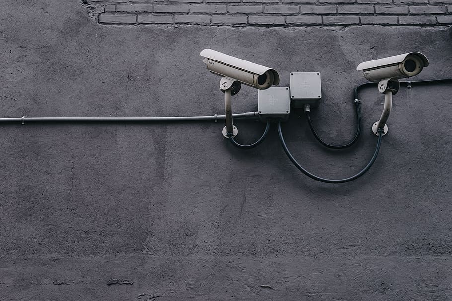 Two Gray Bullet Security Cameras, cyber, data, equipment, pavement, HD wallpaper