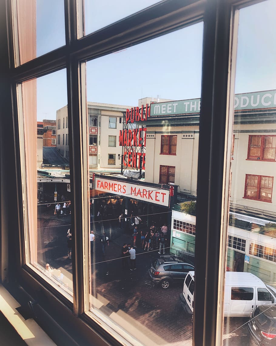 seattle, united states, pike place market, downtown, window, HD wallpaper