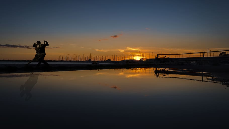 greece, water, sky, reflection, sunset, waterfront, real people HD wallpaper