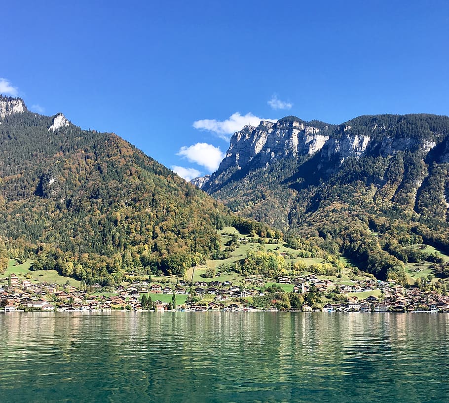 sky, trees, mountain, nature, water, beauty in nature, waterfront HD wallpaper