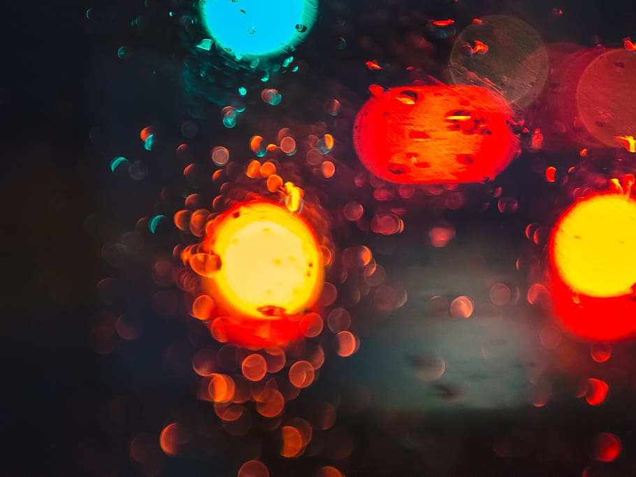 Red, Yellow, and Blue Bokeh Light, blur, car, lights, rain, street HD wallpaper