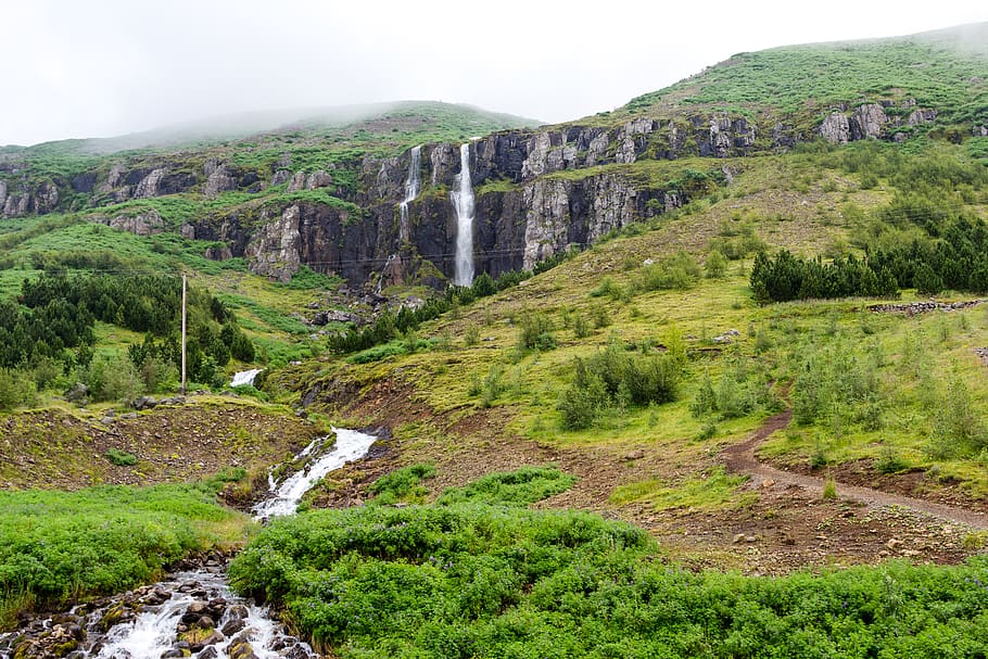 iceland, waterfall, lansdscape, mountain, fog, plant, scenics - nature HD wallpaper