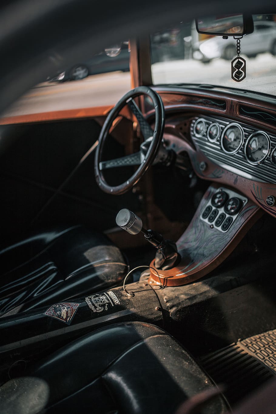 vehicle interior photography, dash, car, gearstick, dusty, old