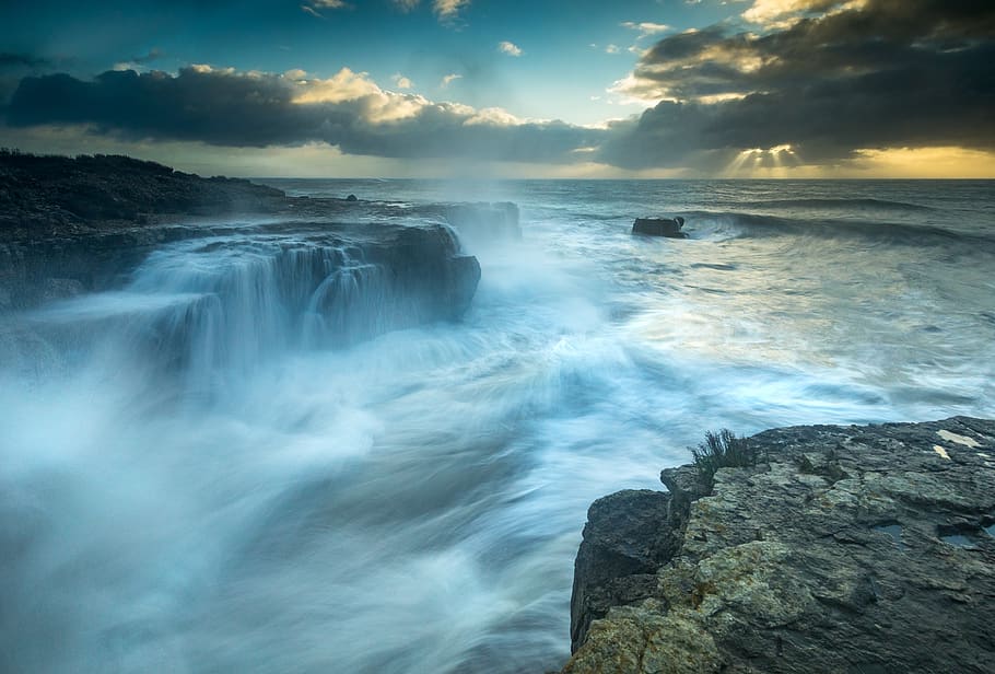 waterfalls under white clouds during daytime, nature, outdoors HD wallpaper