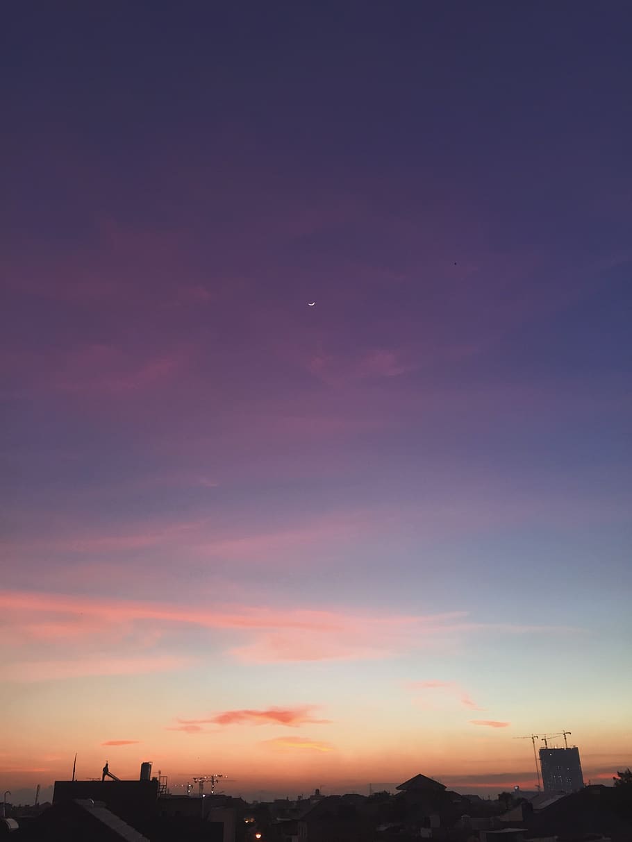 sky, view, beautiful, nature, sunset, purple, moon, crescent, HD wallpaper