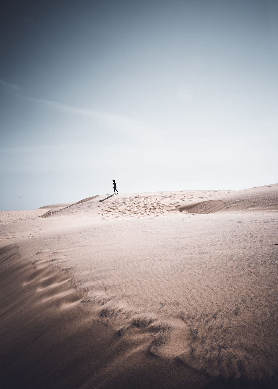 person walking on dune desert during daytime, man, shadow, sand HD wallpaper