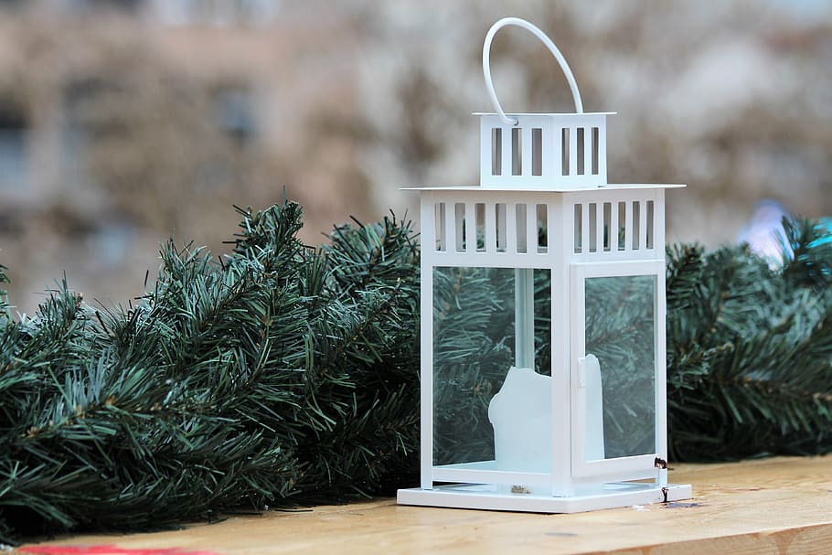 white lantern, lamp, decoration, winter, christmas, outdoor HD wallpaper